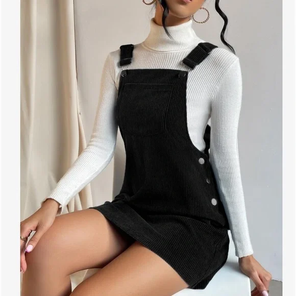Classic Elegant Corduroy Solid Pocket Jumper Overall Dress Without Sweater - Picture 13 of 13